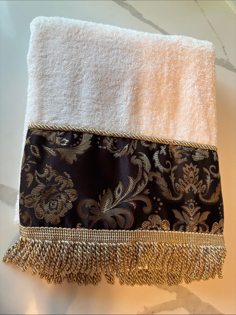 Cream Decorative Bath Towel with Black & Gold Damask Trim with fringes
